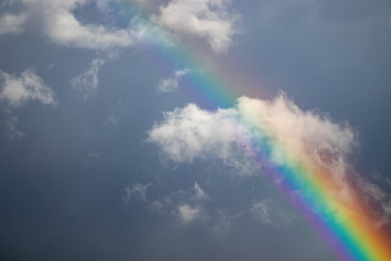 雲がかかった空に虹がかかっている